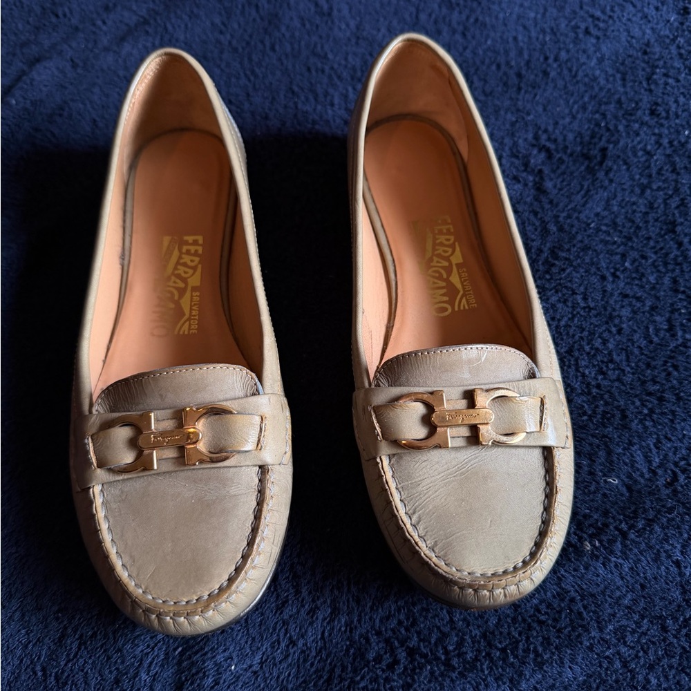 Salvatore Ferragamo Women's Olive Loafers with Gold Accent